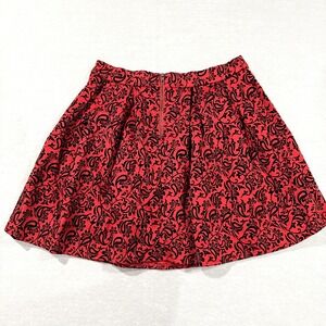 Womens Red Flare Skirt with Black Velvet Foral Detail w/ Back Zipper Size Medium